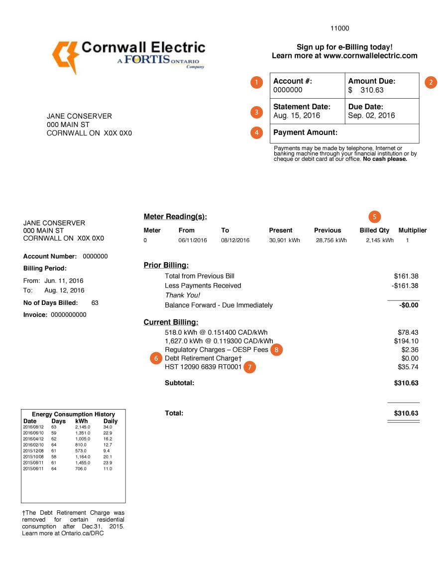 Sample bill from Cornwall Electric